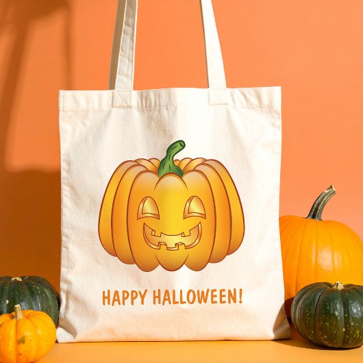 Oranje Cartoon pompoen en Happy Halloween-tekst Tote Bag