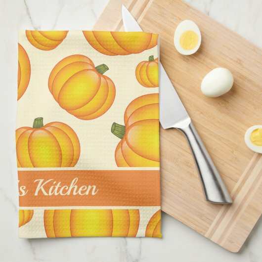 Oranje Cartoon pompoenpatroon en aangepaste tekst Theedoek (Quarter Fold)