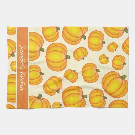 Oranje Cartoon pompoenpatroon en aangepaste tekst Theedoek (Horizontaal)