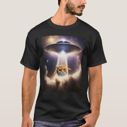 Oranje Cat UFO Space Alien Cute Kitten Beam Up T-shirt (Voorkant)