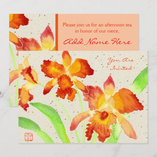 Oranje Cattleya Orchids Waterverf Schilderen Kaart (Voorkant / Achterkant)