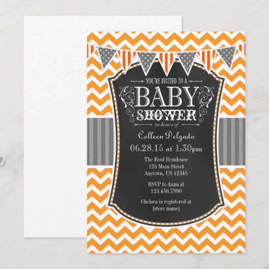 Oranje Chalkboard Chevron Baby shower Invite Kaart (Voorkant / Achterkant)