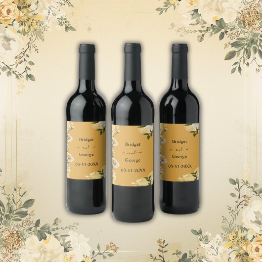 oranje charmante retro bloemenbruiloft wijn etiket