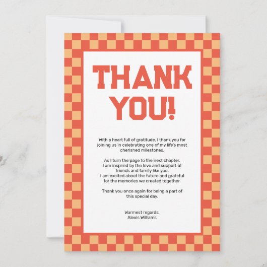 Oranje Checkerboard afstudeerfeest Bedankkaart (Voorkant)