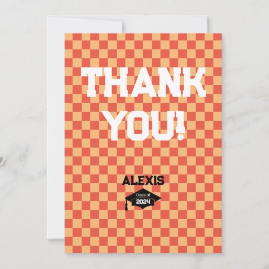 Oranje Checkerboard afstudeerfeest Bedankkaart (Achterkant)