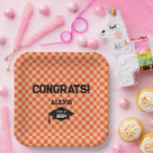 Oranje Checkerboard afstudeerfeest Papieren Bordje (Feest)