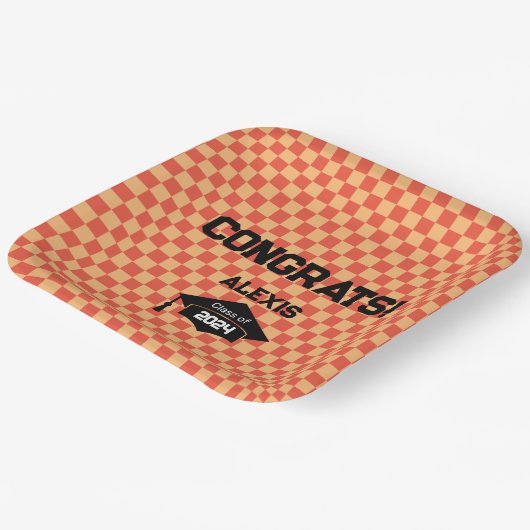Oranje Checkerboard afstudeerfeest Papieren Bordje (Gebogen)