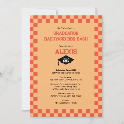 Oranje Checkerboard Backyard Graduation Party Kaart (Voorkant)