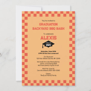 Oranje Checkerboard Backyard Graduation Party Kaart