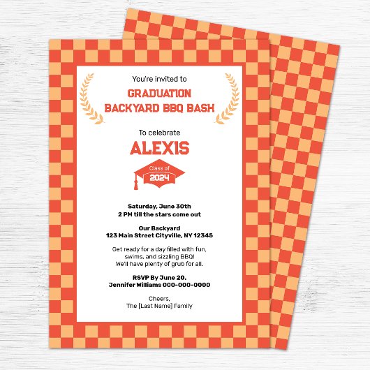 Oranje Checkerboard Backyard Graduation Party Kaart