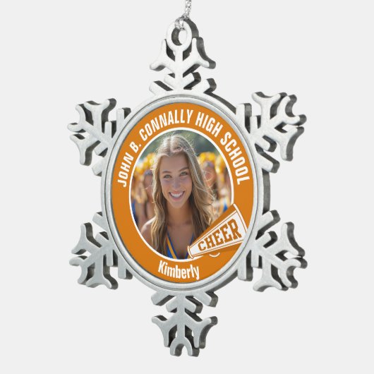 Oranje Cheerleader Foto High School Cheer Tin Sneeuwvlok Ornament (Rechts)