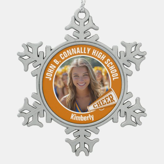 Oranje Cheerleader Foto High School Cheer Tin Sneeuwvlok Ornament (Voorkant)