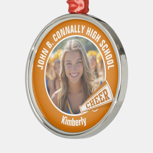 Oranje cheerleader foto High School Kerst Metalen Ornament (Links)