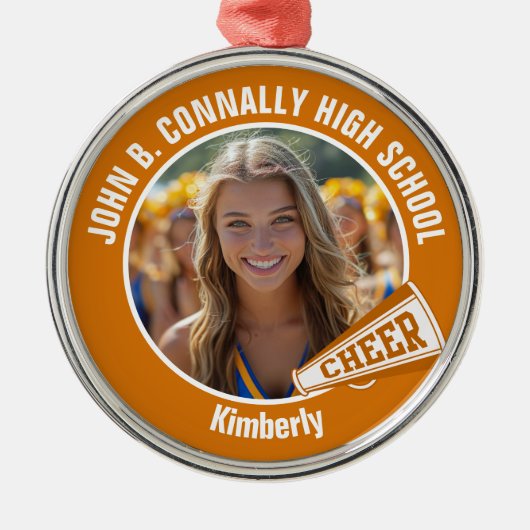 Oranje cheerleader foto High School Kerst Metalen Ornament (Voorkant)