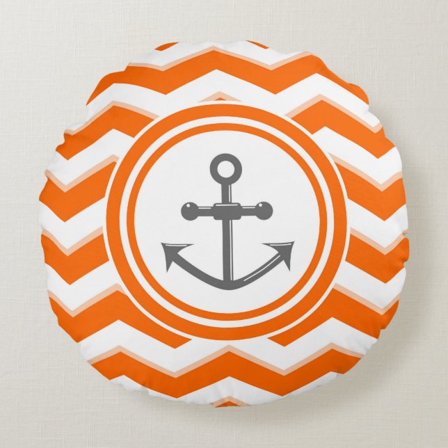 Oranje chevron en anker zeilpatroon rond kussen (Voorkant)