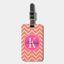 Oranje Chevron met roze monogram Bagagelabel