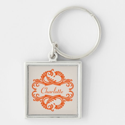 Oranje Chic Damask Premium-Sleutelhanger Sleutelhanger (Voorkant)