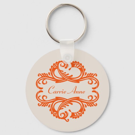 Oranje Chic Damask Sleutelhanger (Voorkant)