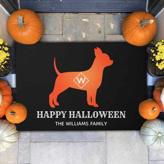Oranje Chihuahua Happy Halloween familienaam Deurmat