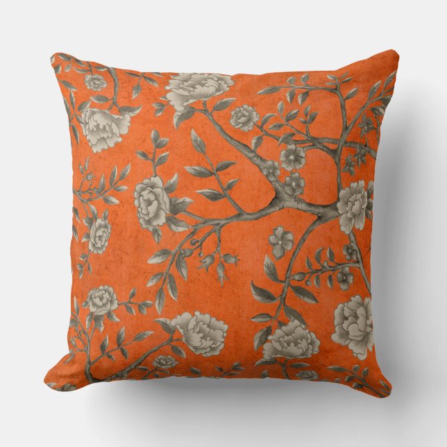  Oranje Chinoiserie Bird & Peonies in Sepia Kussen (Voorkant)