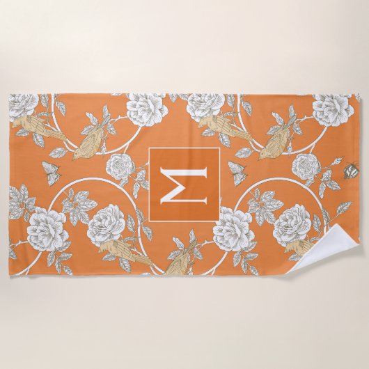 Oranje Chinoiserie Bloemen en Vogels Monogram Strandlaken (Voorkant)