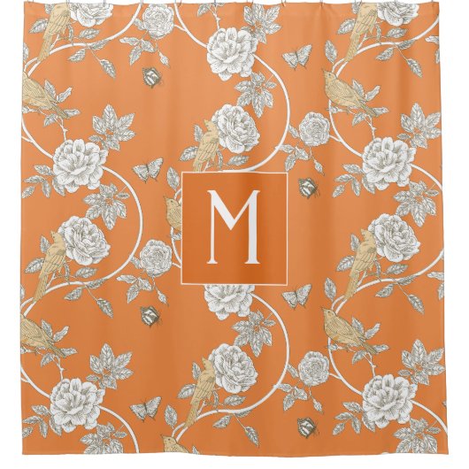 Oranje Chinoiserie Floral Monogram Douchegordijn (Voorkant)