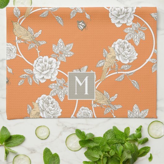 Oranje Chinoiserie Floral Monogram Theedoek (Gevouwen)