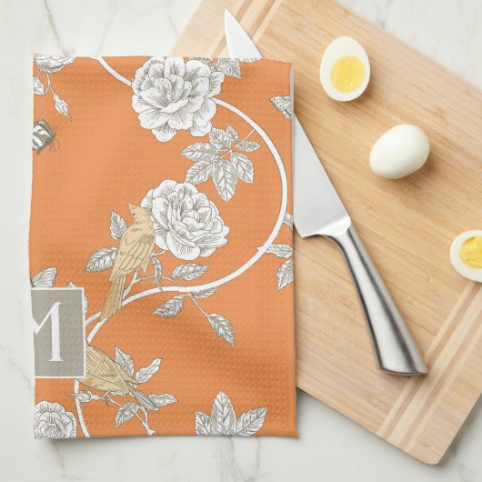 Oranje Chinoiserie Floral Monogram Theedoek (Quarter Fold)