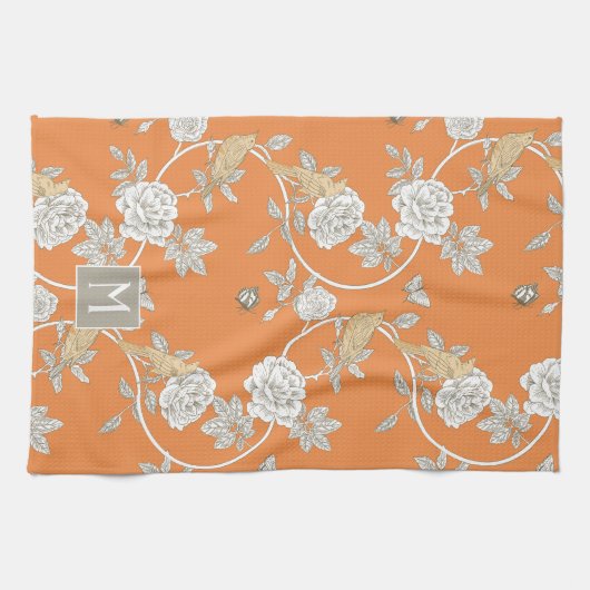 Oranje Chinoiserie Floral Monogram Theedoek (Horizontaal)