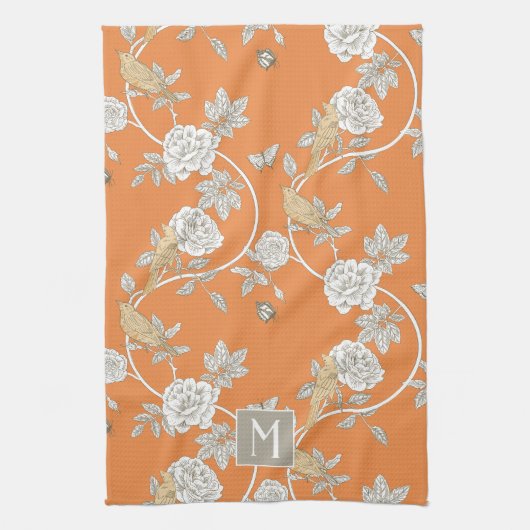 Oranje Chinoiserie Floral Monogram Theedoek (Verticaal)