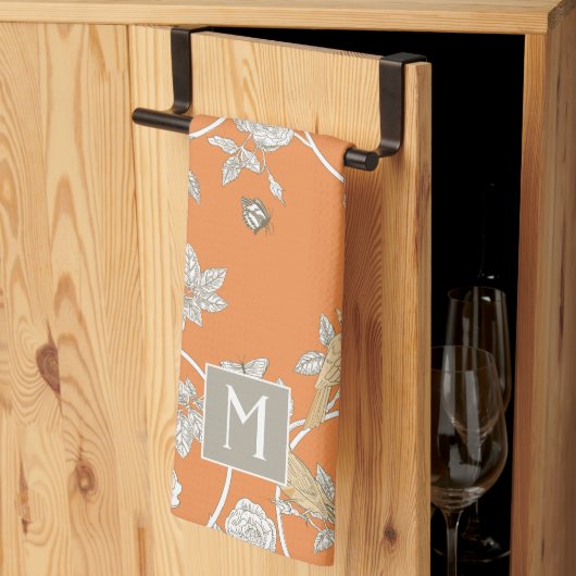 Oranje Chinoiserie Floral Monogram Theedoek (Derde Gevouwen)