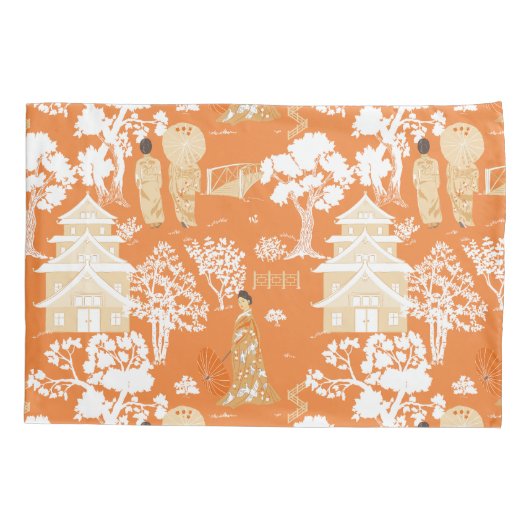Oranje Chinoiserie Pagodas Kussensloop (Achterkant)
