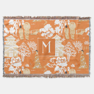 Oranje Chinoiserie Pagodas Monogram Deken