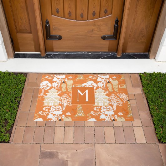 Oranje Chinoiserie Pagodas Monogram Deurmat (Buiten)