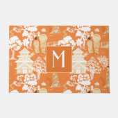 Oranje Chinoiserie Pagodas Monogram Deurmat (Voorkant)