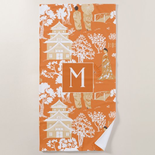 Oranje Chinoiserie Pagodas Monogram Strandlaken (Voorkant)