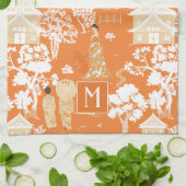 Oranje Chinoiserie Pagodas Monogram Theedoek (Gevouwen)