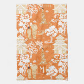 Oranje Chinoiserie Pagodas Monogram Theedoek (Verticaal)