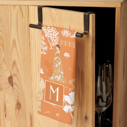 Oranje Chinoiserie Pagodas Monogram Theedoek (Derde Gevouwen)