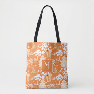 Oranje Chinoiserie Pagodas Monogram Tote Bag