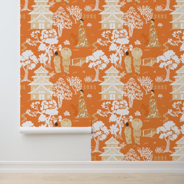 Oranje Chinoiserie Pattern Behang (Applicatie)