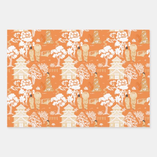 Oranje Chinoiserie Vogels en Pagodes Inpakpapier Vel (Voorkant 3)