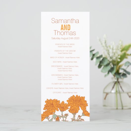 Oranje Chrysanthemum huwelijksprogramma Rackkaart Programmakaart (Staand voorkant)