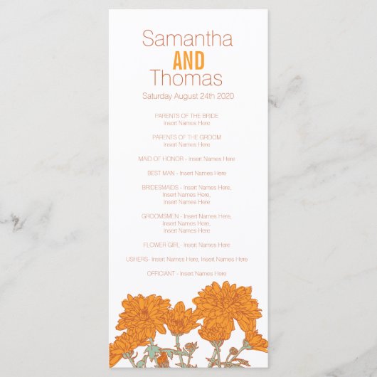 Oranje Chrysanthemum huwelijksprogramma Rackkaart Programmakaart (Voorkant)