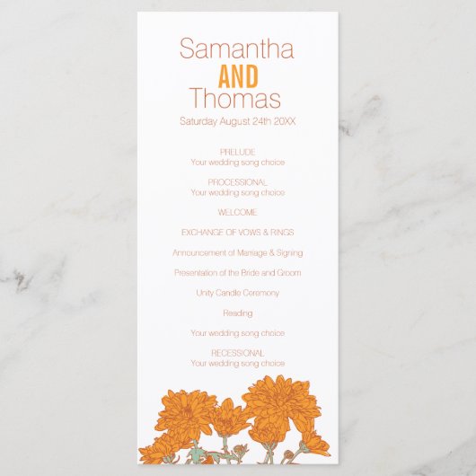 Oranje Chrysanthemum huwelijksprogramma Rackkaart Programmakaart (Voorkant)