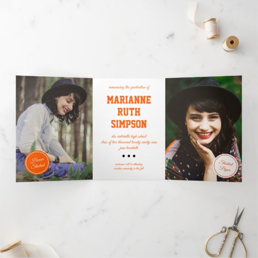 Oranje cirkels 5-Foto Afstuderen Drieluik Uitnodiging (Binnen)