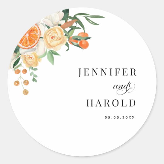 Oranje Citrus Bloemen Minimale Namen Bruiloft Ronde Sticker (Voorkant)