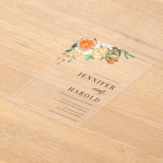Oranje Citrus Bloemen Zomer Transparant Huwelijk Acryl Uitnodigingen (Laagn)