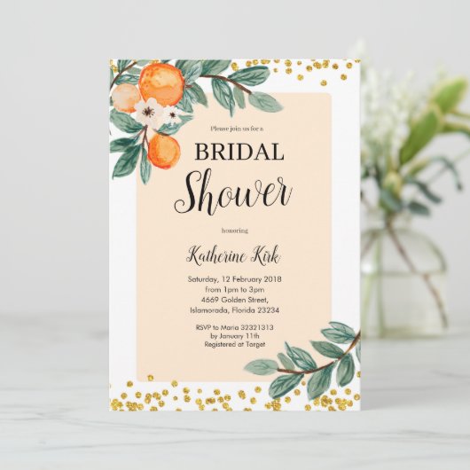 Oranje Citrus bruids doucheuitnodiging Kaart (Staand voorkant)