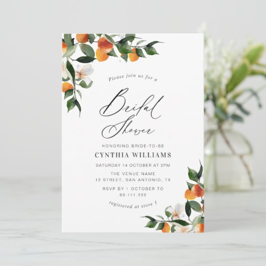 oranje citrus bruiloft uitnodiging (Staand voorkant)